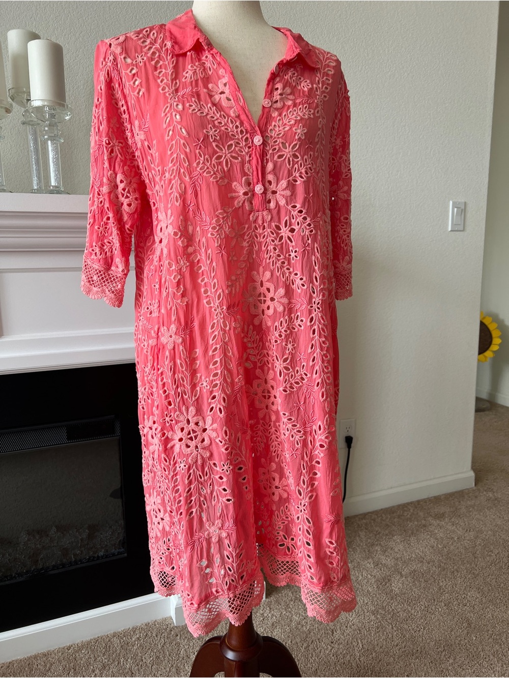 Johnny Was Coral Pink Eyelet Lace Tunic